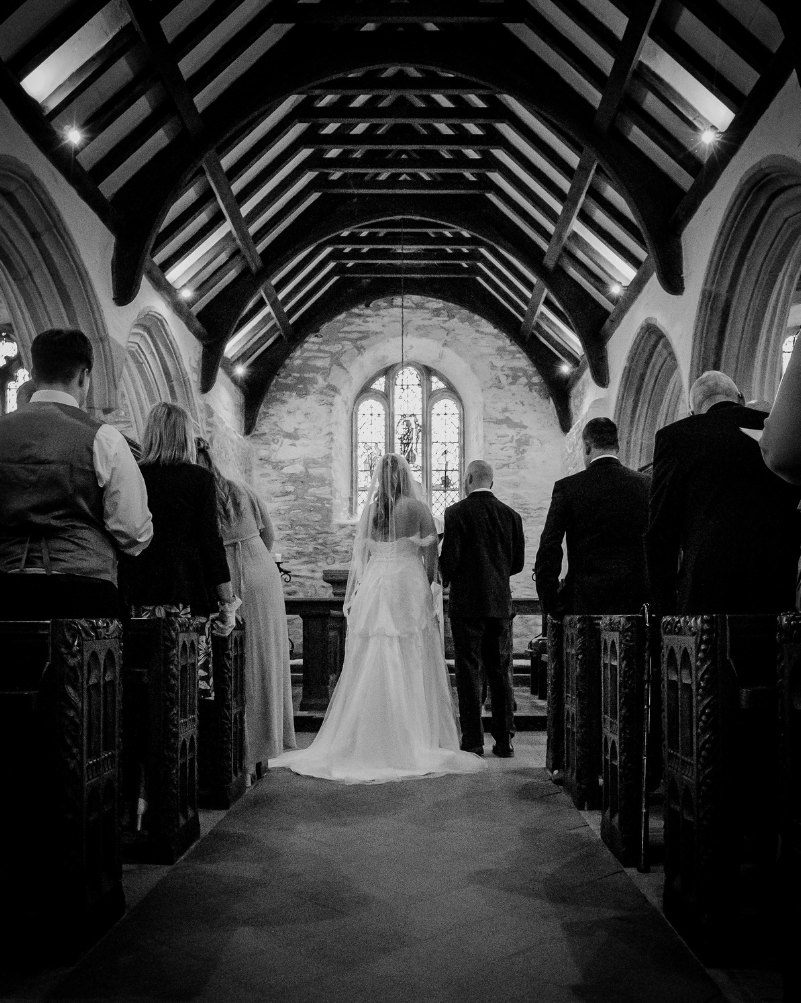 Church aisle in black and white